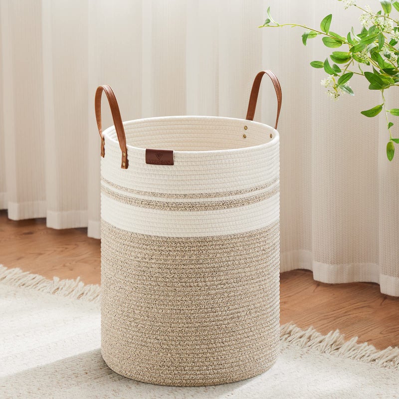 VIPOSCO Small Laundry Basket  Slim Baby Hamper with Leather Handle  Cute Woven Rope Storage Basket for Blanket  Kids Toy  Clothes In Living Room  Bathroom  Bedroom  Nursery Room - 30L Brown & White - Image 1